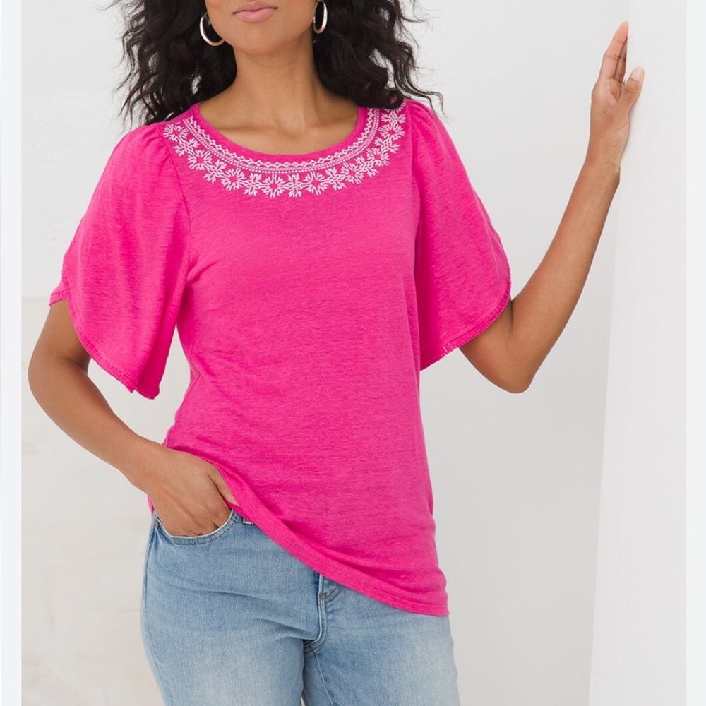Chico's Pink Embroidered Linen Top XL Colorful Summer Vacation Beach